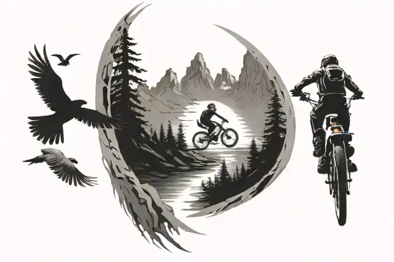 bike and biker entering into 2 mountains with a setting sun and flying birds above, which is followed by a waterfall tattoo design idea