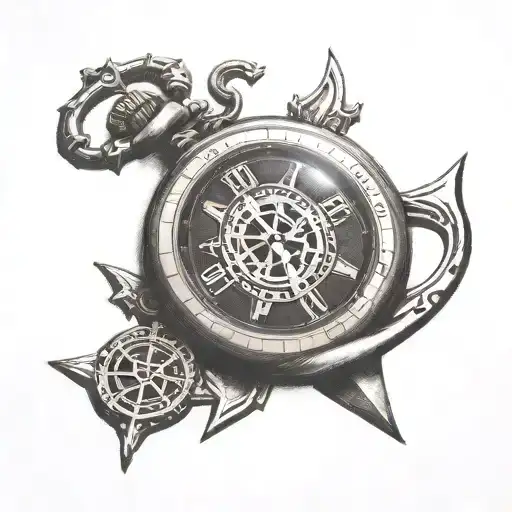 pocket watch with boat anchor behind it tattoo design idea