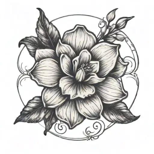 A gardenia flower blooming from a guitar sound hole tattoo design idea
