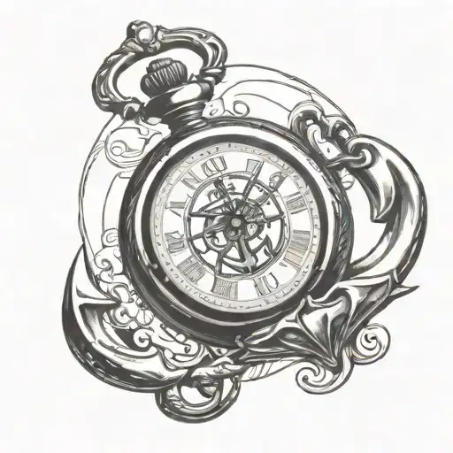 pocket watch with boat anchor behind it tattoo design idea