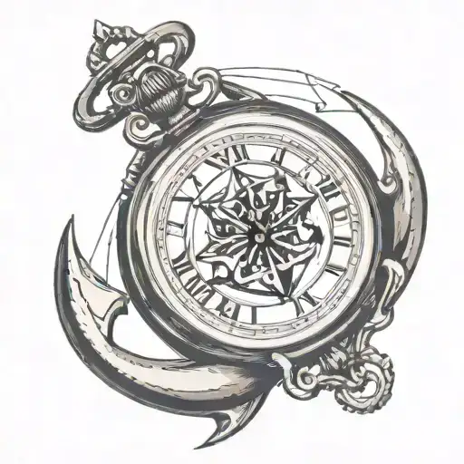 pocket watch with boat anchor behind it a manta Ray tattoo design idea