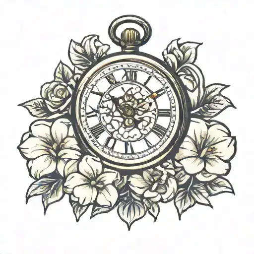 pocket watch with gardenias around it  tattoo design idea