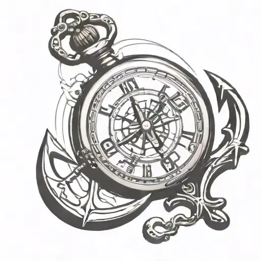 pocket watch with boat anchor behind it a manta tattoo design idea