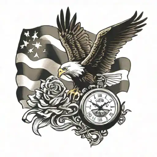 pocketwatch eagle american flag waving    tattoo design idea