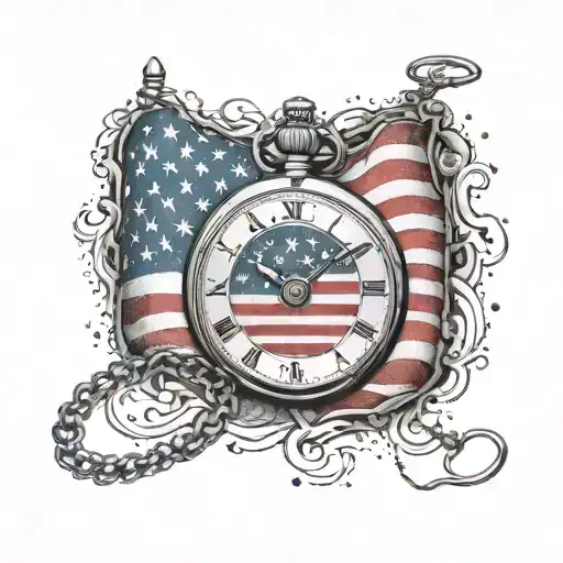 A pocket watch with the American flag as the background tattoo design idea