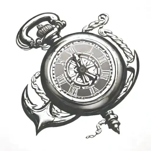 pocket watch with boat anchor behind it tattoo design idea