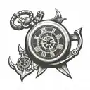 pocket watch with boat anchor behind it tattoo design idea