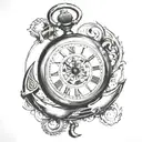 pocket watch with boat anchor behind it tattoo design idea