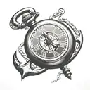pocket watch with boat anchor behind it tattoo design idea