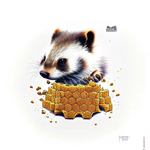 Sophisticated honey badger eating a honeycomb sandwich dripping honey with a rabbit in a tophat tattoo design idea