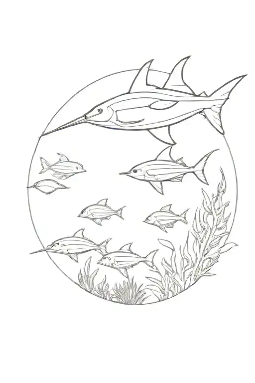 A minimalist design of a coral reef with tropical fish swimming around, incorporating an eagle ray in the background tattoo design idea