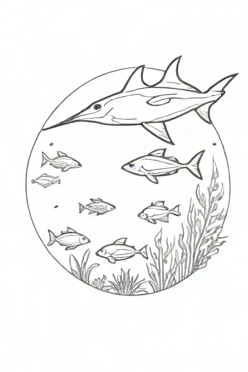 A minimalist design of a coral reef with tropical fish swimming around, incorporating an eagle ray in the background tattoo design idea