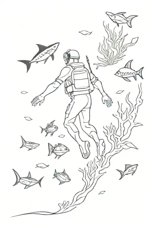 A minimalist tattoo of a scuba diver exploring a coral garden filled with tropical fish, with an eagle ray gliding gracefully overhead tattoo design idea