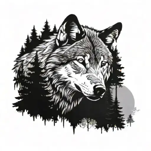 wolf face by trees background looking tattoo design idea
