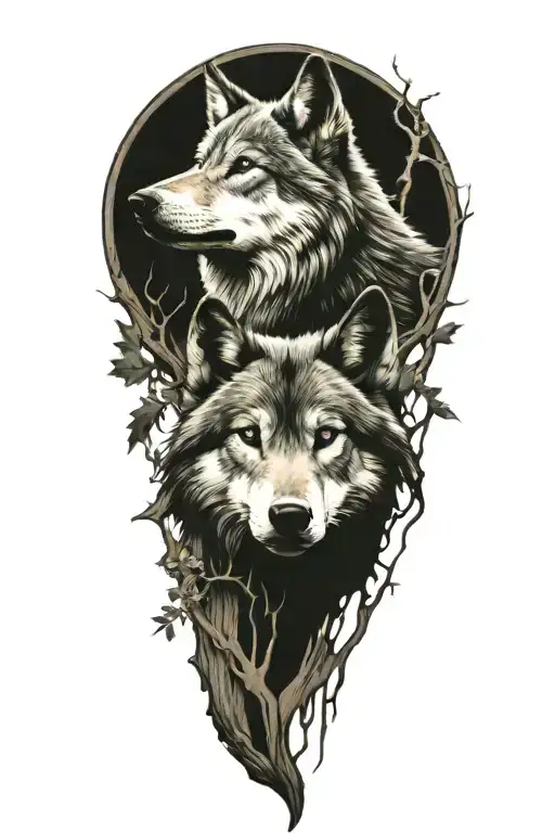 wolf with compas in wood  tattoo design idea