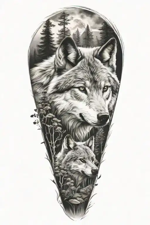 wolf in nature inspired sleeve tattoo design idea