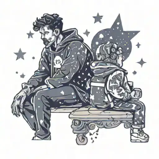 father son silhouette looking at the galaxy stars tattoo design idea