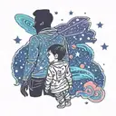 father son silhouette looking at the galaxy stars tattoo design idea