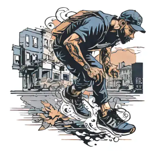 Male silohuette runnning through the sidewalks in a city wearing nikes  tattoo design idea