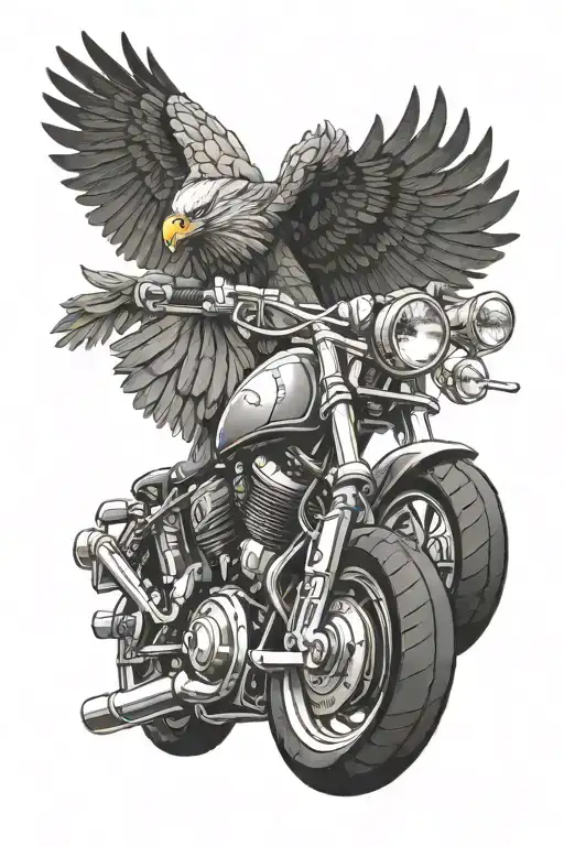 A robotic eagle soaring over a robotic motorcycle, symbolizing freedom and adventure in both nature and machine tattoo design idea