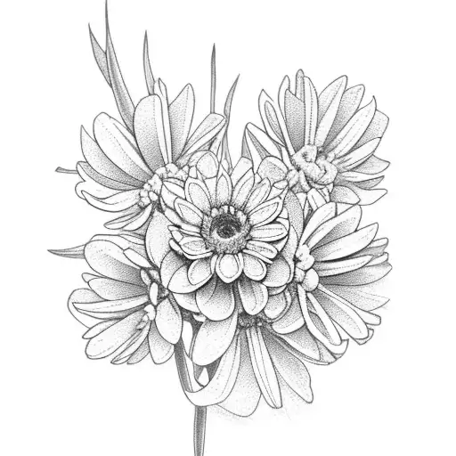 A bouquet with aster, chrysanthemum and narcissus flowers. tattoo design idea