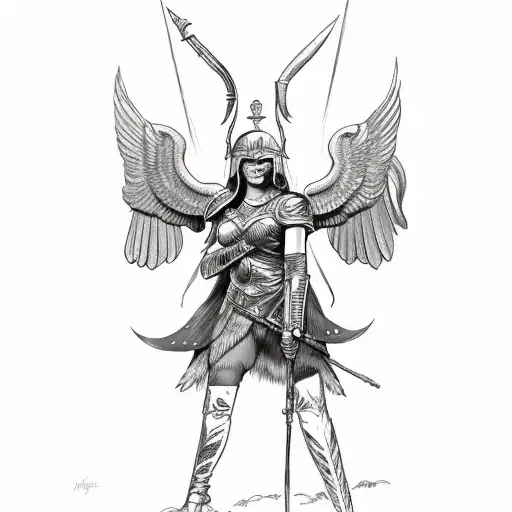Valkyrie with winged helmet, spear and shield full body visible tattoo design idea