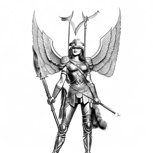 Valkyrie with winged helmet, spear and shield full body visible tattoo design idea