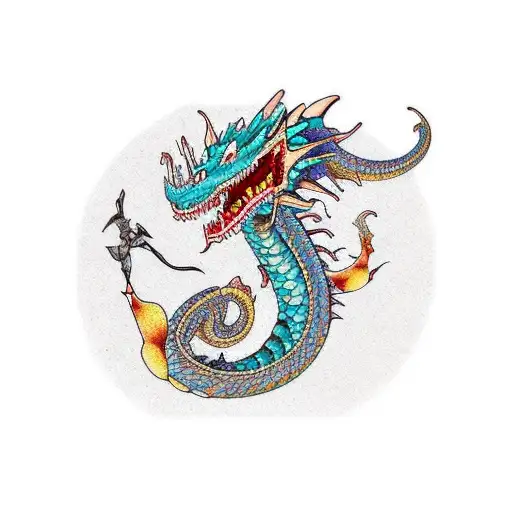 dragón japones con flores tattoo design idea