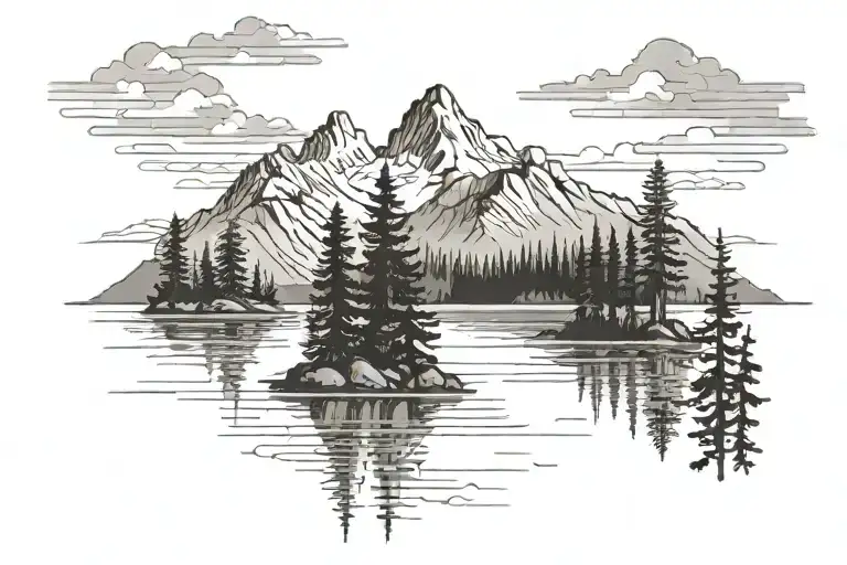 mountain trees lake scene tattoo design idea