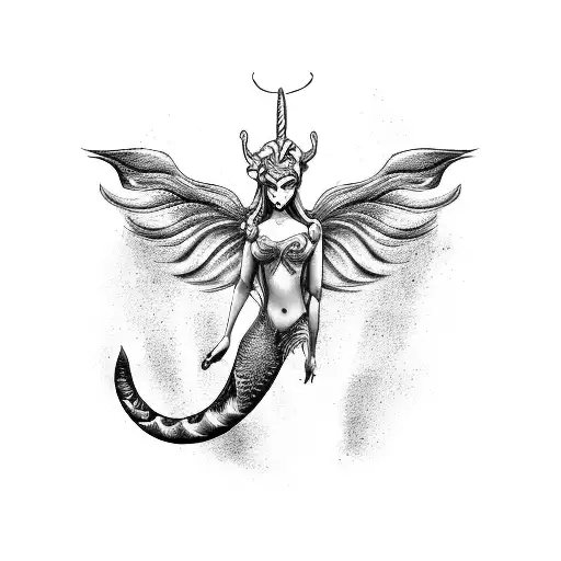 A mystical fusion of the zodiac signs of Taurus, Libra, and Scorpio, transformed into mythical creatures like a centaur, mermaid, and phoenix, embodying the client's favorite things tattoo design idea