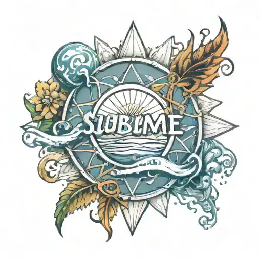 the band "sublime" sun logo surrounded tattoo design idea