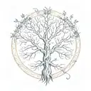 large symmetric tree with four long indiviual branchs that tips wrap in a circle tattoo design idea