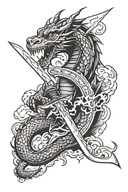 a dragon wrapped around a sword with lightning and clouds  tattoo design idea