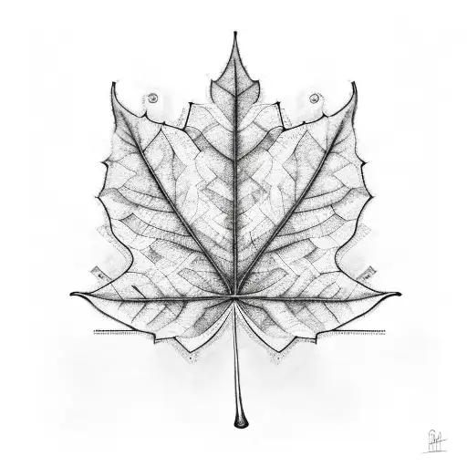 A black and white sketch of a leaf with intricate patterns and musical notes intertwining within it tattoo design idea