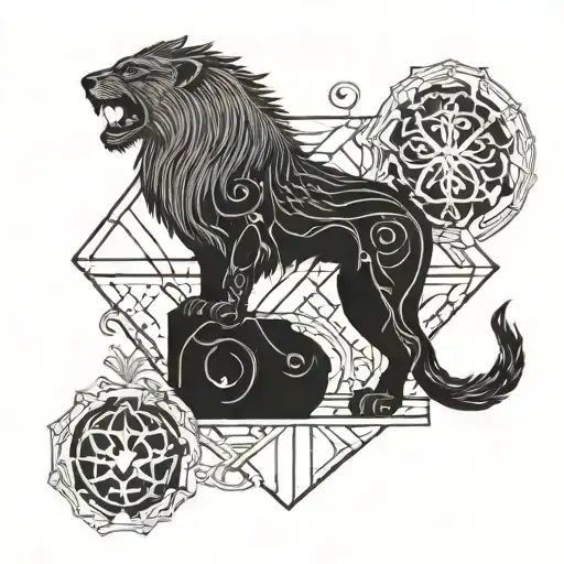 Combine the symbols of a lion and fox with elements from Norse mythology like Thor's hammer and Odin's ravens in a blackwork design tattoo design idea