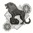 Combine the symbols of a lion and fox with elements from Norse mythology like Thor's hammer and Odin's ravens in a blackwork design tattoo design idea