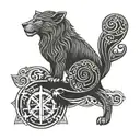 Combine the symbols of a lion and fox with elements from Norse mythology like Thor's hammer and Odin's ravens in a blackwork design tattoo design idea