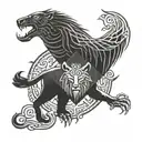 Combine the symbols of a lion and fox with elements from Norse mythology like Thor's hammer and Odin's ravens in a blackwork design tattoo design idea