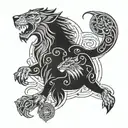 Combine the symbols of a lion and fox with elements from Norse mythology like Thor's hammer and Odin's ravens in a blackwork design tattoo design idea