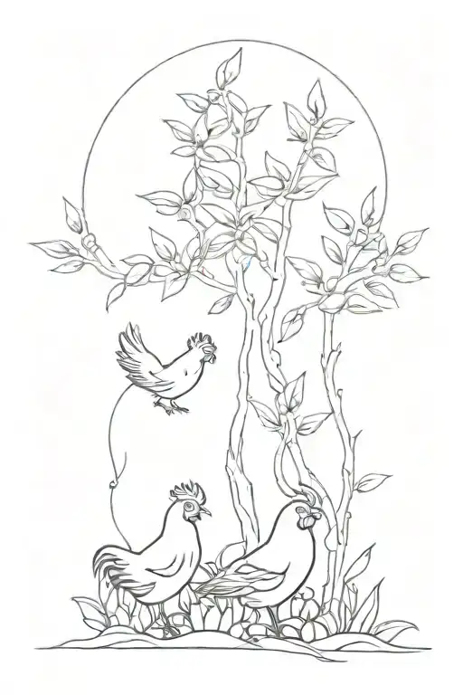 fuchsia plant with chickens in a forest tattoo design idea
