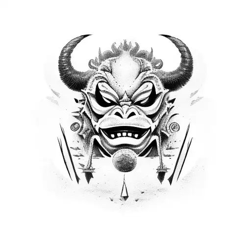 oni mask split in half tattoo design idea