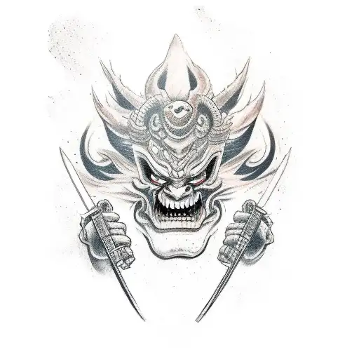 oni mask being split by a katana tattoo design idea