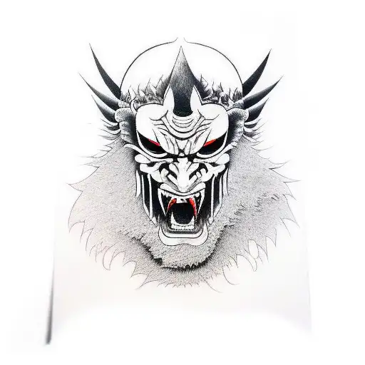 oni mask being split by a katana tattoo design idea
