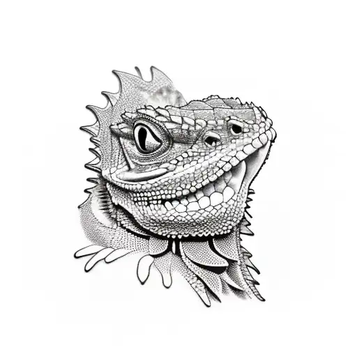 a neck tattoo, top view of a Bearded Dragon as seen from above, curved pose tattoo design idea