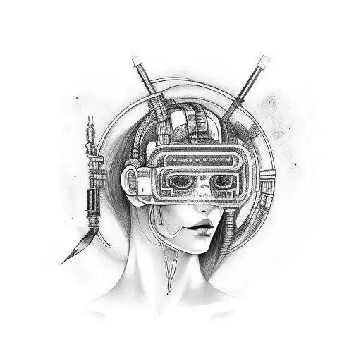 cyberpunk woman face and neotribal dettal, on arm tattoo design idea