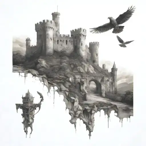 A breathtaking scene of a majestic, ancient castle, once a bastion of power, now standing in a state of dramatic decay.  tattoo design idea