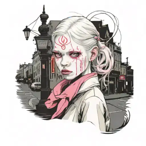 albino girl with pink eyes walking down a street tattoo design idea