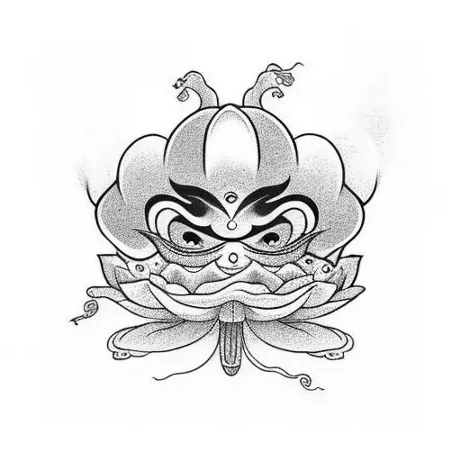a lotus flower in front of Daruma Doll riding on the head of a jellyfish tattoo design idea