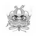 a lotus flower in front of Daruma Doll riding on the head of a jellyfish tattoo design idea