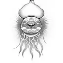 a lotus flower in front of Daruma Doll riding on the head of a jellyfish tattoo design idea